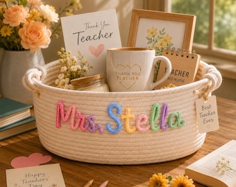 Personalized Teacher Basket, Custom Teacher Name Cotton Rope Storage Basket, Teacher Appreciation Gift, Gift for Teacher,Classroom Organizer