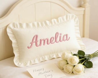 Personalized Pillow for Mom, Custom Embroidered Name Cushion, Ruffle Edge Throw Pillow, Mother’s Day Gift, Living Room Decor