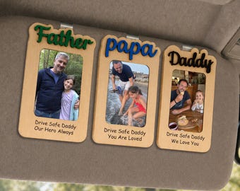 Custom Wooden Car Visor Photo Clip, Personalized Drive Safe Picture Frame, Father’s Day Keepsake Gift for Dad Grandpa Husband
