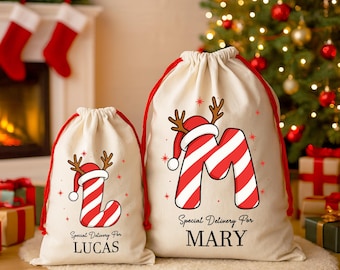 Personalized Christmas Sack with Name, Large Santa Gift Bag, Drawstring Holiday Bag for Kids, Baby’s First Xmas Keepsake, Festive Decor