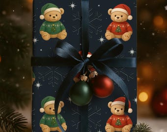 Teddy Bear Christmas Wrapping Paper, Vintage Holiday Gift Wrap, Cozy Bear Xmas Paper, Premium Santa Bear Gift Wrap, Festive Wrapping Paper