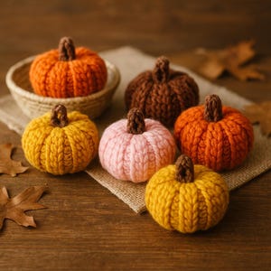 May include: A collection of six small, hand-crocheted pumpkins in various colors including orange, yellow, brown, and light pink. One orange pumpkin sits inside a small woven basket, while the others are arranged around it on a textured fabric.
