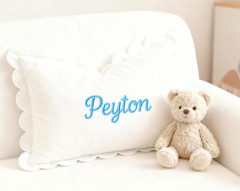 Embroidered Name Pillow, Custom Ruffle Cushion, Holiday Nursery Pillow, Personalized Winter Gift, Cozy Home Accent, Baby Room Decoration