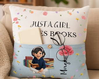 Custom Book Pillow for Book Lovers, Personalized Birth Flower Pillow, Cozy Reading Pillow, Bookworm Gift, Bookish Home Decor