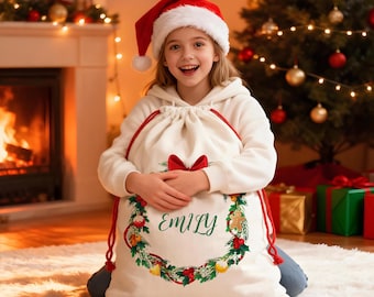 Personalized Christmas Wreath Santa Sack, Custom Name Gift Bag, Kids Holiday Keepsake, Baby’s First Xmas Sack, Family Christmas Decor