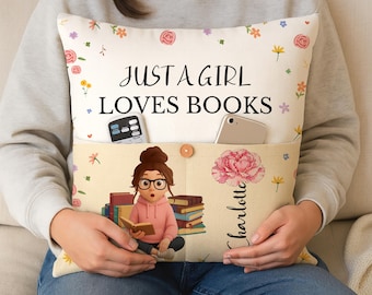 Birth Flower Reading Pillow with Pocket, Personalized Book Cushion, Custom Floral Name Pillow for Book Lovers, Cozy Cushion, Reading Gift