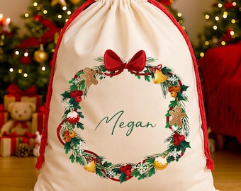 Personalized Christmas Wreath Santa Sack, Custom Name Gift Bag, Kids Holiday Keepsake, Baby’s First Xmas Sack, Family Christmas Decor