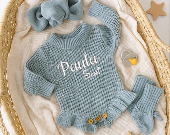 Personalized Embroidered Baby Romper, Handcrafted Ruffle Knit Outfit, Custom Name Infant Romper, Baby Shower Keepsake, First Birthday Gift