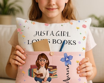 Personalized Birth Flower Book Pillow, Book Lover Gift, Custom Pocket Pillow, Bookish Home Decor, Gift for Bookworm, Reading Pillow Cover