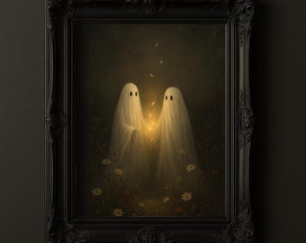 Vintage Ghosts with Flowers Art Print, Gothic Haunted Wall Decor, Eerie Halloween Poster, Dark Academia Painting, Unframed Wall Art Decor