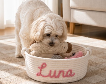 Custom Pet Toy Basket, Personalized Rope Dog Toy Storage Bin, Woven Cat Toy Organizer, Cute Puppy Toy Box, Dog Mom Gift, Pet Lover Gift