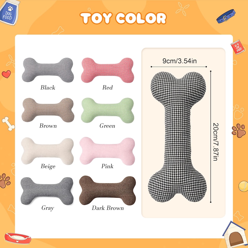 Peut inclure: Divers jouets pour chiens en forme d'os, de diff&eacute;rentes couleurs : noir, rouge, marron, vert, beige, rose, gris et marron fonc&eacute;. Un grand jouet en forme d'os &agrave; carreaux noirs et blancs est &eacute;galement pr&eacute;sent&eacute;, mesurant 20 cm de long et 9 cm de large.