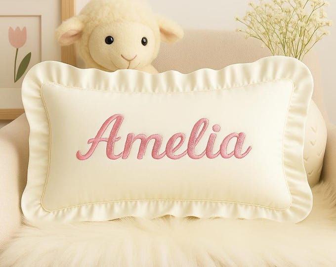 Personalized Embroidered Name Pillow, Custom Ruffle Cushion Cover, Baby Shower Gift, Newborn Keepsake, Nursery Decor, Home Accent Pillow