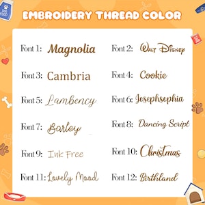 Peut inclure: Image pr&eacute;sentant des styles de polices de broderie. Le texte "EMBROIDERY THREAD COLOR" est en haut. Douze polices diff&eacute;rentes sont affich&eacute;es, chacune avec un exemple de mot. Les polices incluent Magnolia, Walt Disney, Cambria, Cookie, Lambency, Josephsophia, Barley, Dancing Script, Ink Free, Christmas, Lovely Mood et Birthland.