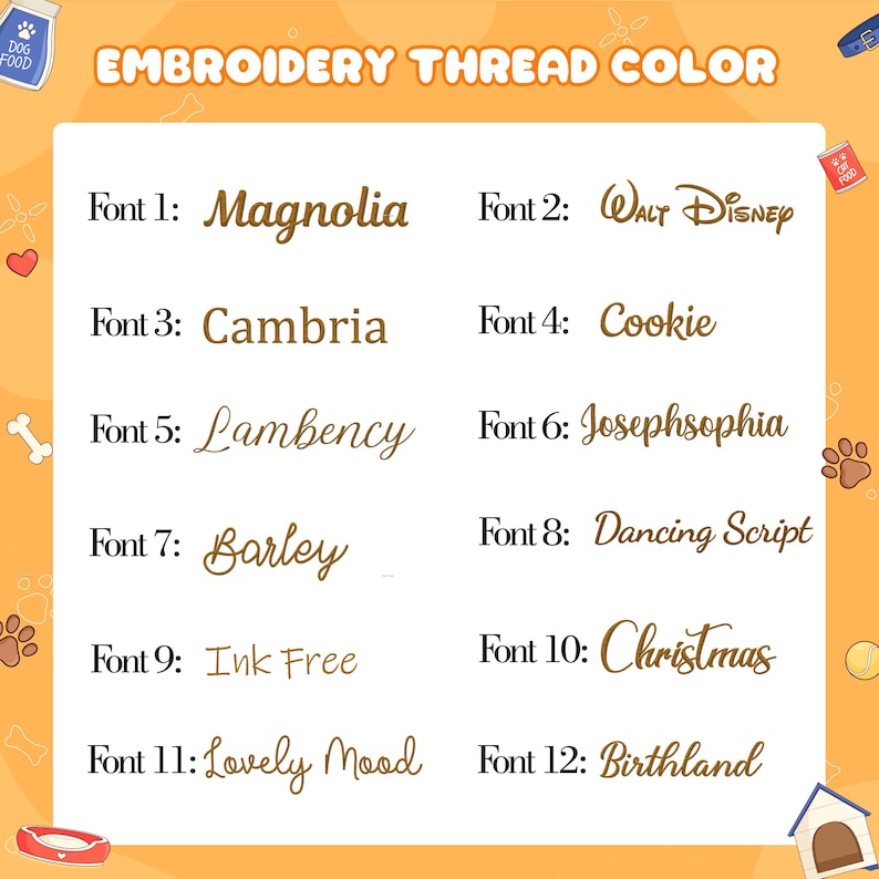 Peut inclure: Image pr&eacute;sentant des styles de polices de broderie. Le texte "EMBROIDERY THREAD COLOR" est en haut. Douze polices diff&eacute;rentes sont affich&eacute;es, chacune avec un exemple de mot. Les polices incluent Magnolia, Walt Disney, Cambria, Cookie, Lambency, Josephsophia, Barley, Dancing Script, Ink Free, Christmas, Lovely Mood et Birthland.