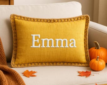 Autumn Embroidered Pillow, Personalized Fall Gift Cushion, Handcrafted Linen Throw Pillow, Cozy Home Decor, Custom Fall Accent Pillow