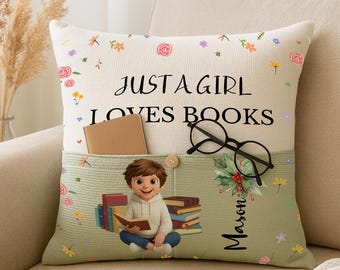 Custom Book Pillow for Kids, Personalized Birth Flower Reading Pillow, Cozy Book Lover Cushion, Christmas Gift for Children, Home Decor