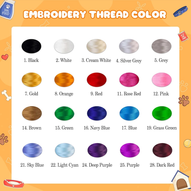 Peut inclure: Un nuancier intitul&eacute; "Couleur du fil &agrave; broder" avec 20 options de couleurs de fil. Les couleurs incluent le noir, le blanc, le blanc cr&egrave;me, le gris argent&eacute;, le gris, l'or, l'orange, le rouge, le rouge rose, le rose, le marron, le vert, le bleu marine, le bleu, le vert herbe, le bleu ciel, le cyan clair, le violet fonc&eacute;, le violet et le rouge fonc&eacute;.