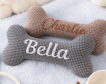 Custom Embroidered Dog Bone Toy, Personalized Puppy Gift with Pet Name, Cute Gingham Squeaky Bone Toy for Small Dogs and Puppies