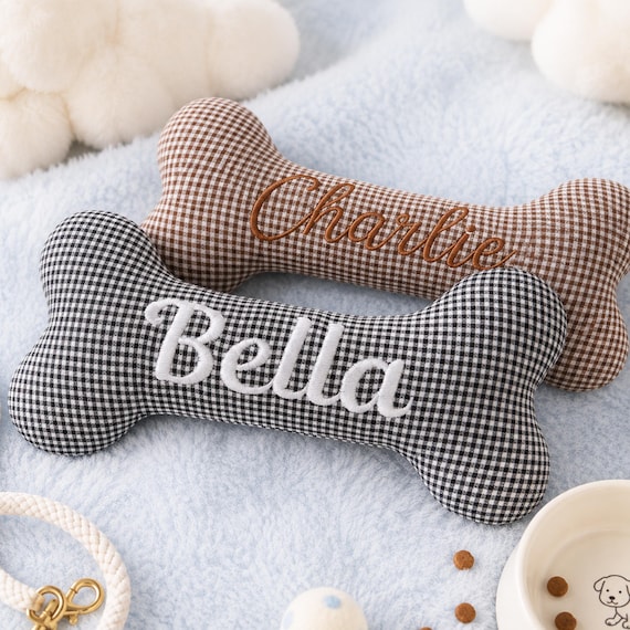 Custom Embroidered Dog Bone Toy, Personalized Puppy Gift with Pet Name, Cute Gingham Squeaky Bone Toy for Small Dogs and Puppies