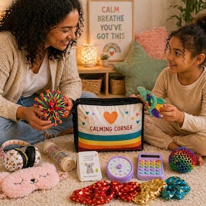 K&ouml;nnte beinhalten: Eine Mutter und ein Kind sind von beruhigenden Gegenst&auml;nden umgeben. Eine Tasche mit dem Text "CALMING CORNER", ein Timer, ein Taschenrechner, eine Schlafmaske und andere sensorische Spielzeuge sind sichtbar. Ein gerahmtes Schild liest "CALM BREATHE YOU'VE GOT THIS".
