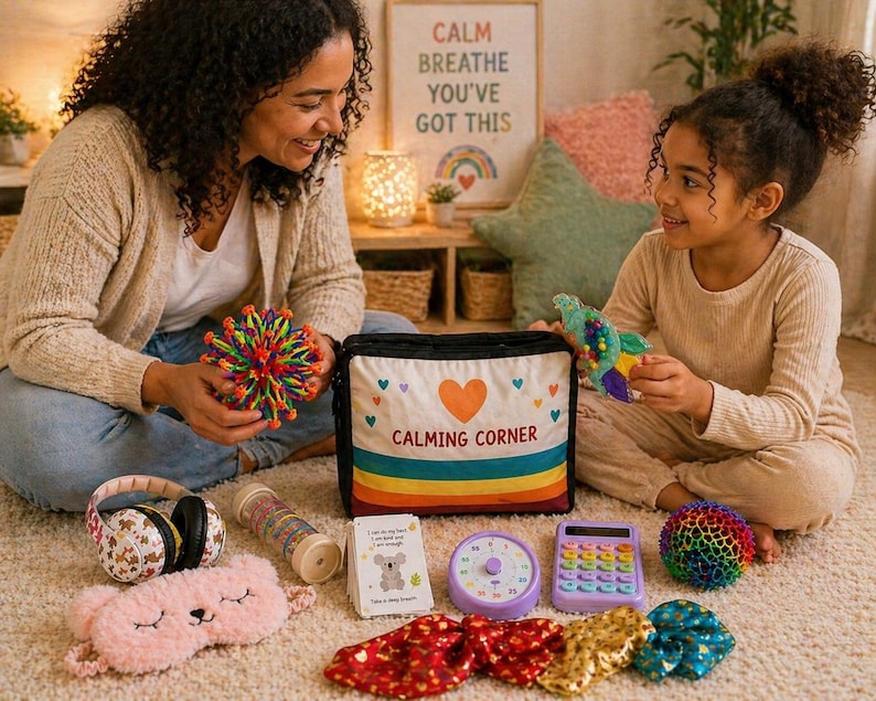 K&ouml;nnte beinhalten: Eine Mutter und ein Kind sind von beruhigenden Gegenst&auml;nden umgeben. Eine Tasche mit dem Text "CALMING CORNER", ein Timer, ein Taschenrechner, eine Schlafmaske und andere sensorische Spielzeuge sind sichtbar. Ein gerahmtes Schild liest "CALM BREATHE YOU'VE GOT THIS".