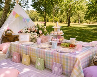 Pastell Gingham Tischdekoration | Frühlings-Geburtstags-Erlebnis | Soft Feier-Andenken-Set