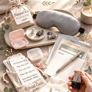 Pode incluir: Um kit de autocuidado com uma máscara de dormir cinza, uma pequena bolsa bege com a etiqueta "Support Kit" e um conjunto de "Cartões de Ritual". O kit inclui uma lista de tarefas, caneta e outros itens pequenos. O texto "You are allowed to be you" está no topo.