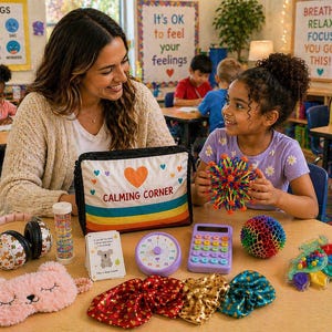 K&ouml;nnte beinhalten: Eine Lehrerin und eine Sch&uuml;lerin sitzen an einem Tisch, umgeben von beruhigenden Werkzeugen. Zwischen ihnen befindet sich eine Tasche mit der Aufschrift "Calming Corner". Zu den Artikeln geh&ouml;ren eine Schlafmaske, Kopfh&ouml;rer, ein Timer, ein Taschenrechner und ein bunter Ball.