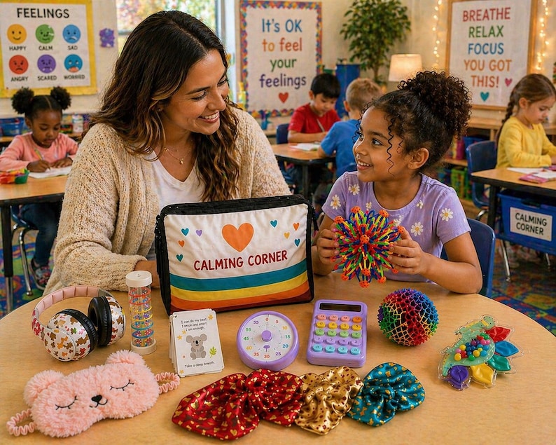 K&ouml;nnte beinhalten: Eine Lehrerin und eine Sch&uuml;lerin sitzen an einem Tisch, umgeben von beruhigenden Werkzeugen. Zwischen ihnen befindet sich eine Tasche mit der Aufschrift "Calming Corner". Zu den Artikeln geh&ouml;ren eine Schlafmaske, Kopfh&ouml;rer, ein Timer, ein Taschenrechner und ein bunter Ball.