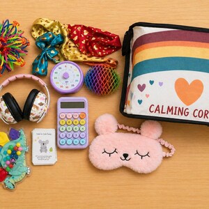 K&ouml;nnte beinhalten: Eine Sammlung von sensorischem Spielzeug und Werkzeugen, darunter eine Tasche mit Regenbogenstreifen und dem Text "CALMING CORNER", ein Timer, Kopfh&ouml;rer, ein Taschenrechner und eine Schlafmaske. Weitere Artikel sind ein bunter Ball, ein Dinosaurier-Spielzeug und Karten.