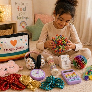 K&ouml;nnte beinhalten: Eine Sammlung von beruhigenden Werkzeugen, darunter eine Tasche mit dem Text "CALMING CORNER", Kopfh&ouml;rer, eine Schlafmaske, ein Timer, ein Taschenrechner und ein farbenfroher Expansionsball. Die Artikel sind auf einem Teppich in neutralen T&ouml;nen angeordnet.