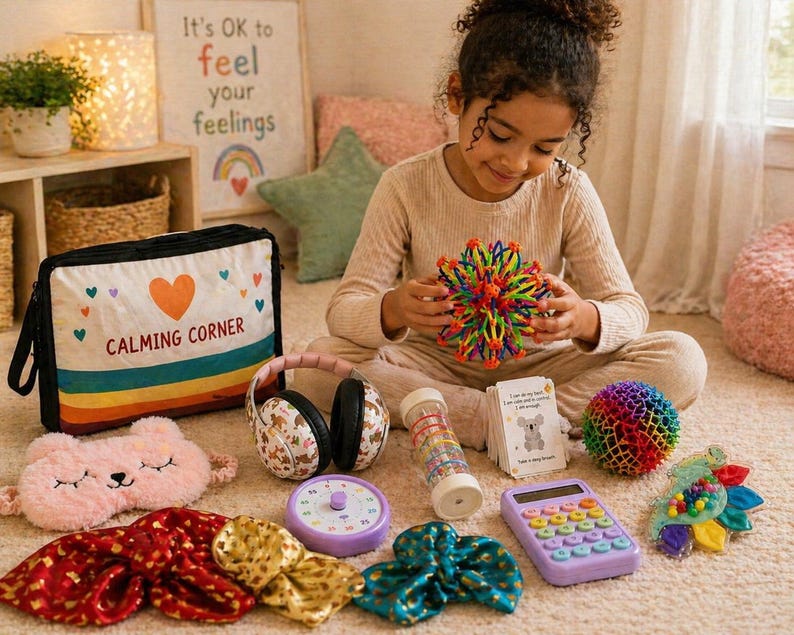 K&ouml;nnte beinhalten: Eine Sammlung von beruhigenden Werkzeugen, darunter eine Tasche mit dem Text "CALMING CORNER", Kopfh&ouml;rer, eine Schlafmaske, ein Timer, ein Taschenrechner und ein farbenfroher Expansionsball. Die Artikel sind auf einem Teppich in neutralen T&ouml;nen angeordnet.