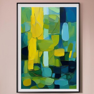 May include: Abstract art print in a black frame. The artwork features a colorful composition of yellow, green, and blue shapes. The painting hangs above a bed with a green headboard, light green bedding, and a pink throw blanket.