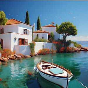 Mediterranean Seascape Print: Coastal House & Boat Scene (JPG Digital Download)