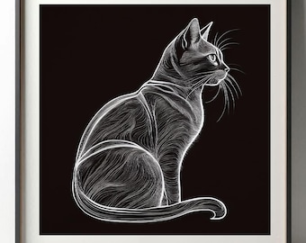 Minimalist Cat Etching Art | White on Black Digital Download | Printable Wall Decor.