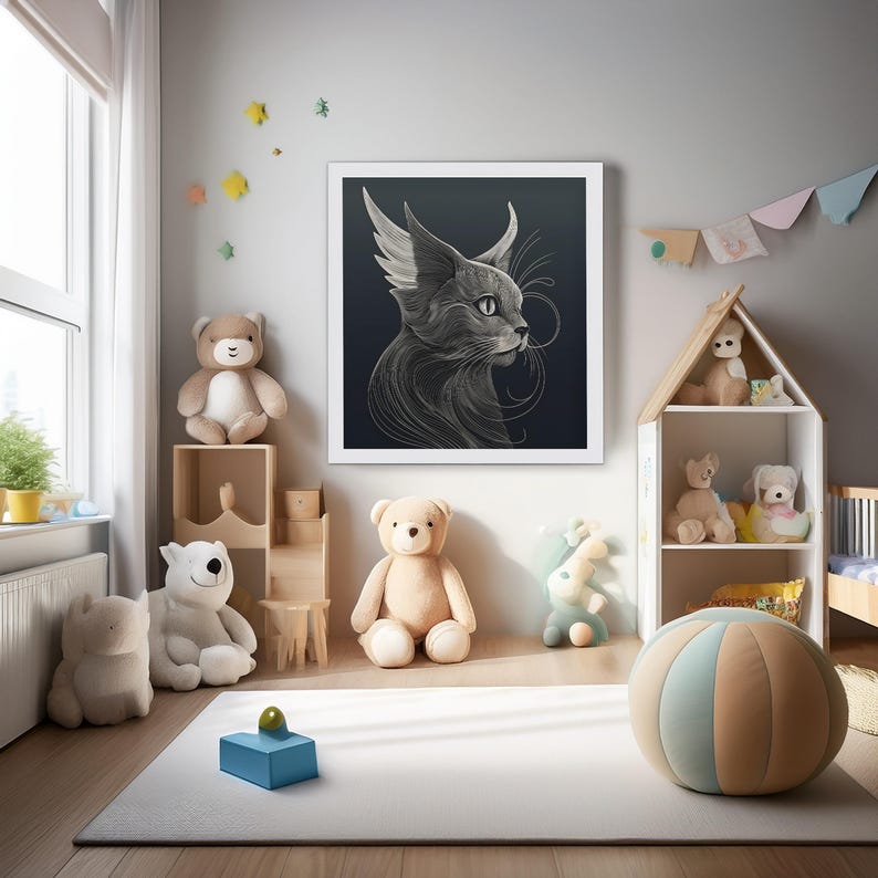 May include: A framed black and white cat portrait with wing-like features hangs on a gray wall in a child's room. The room is decorated with stuffed teddy bears, a white rug, and a colorful ball.
