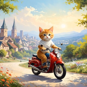 May include: A whimsical illustration of an orange tabby cat riding a red scooter down a winding road. The cat wears a white shirt and blue jeans. The background features a European town, mountains, and a bright sky.