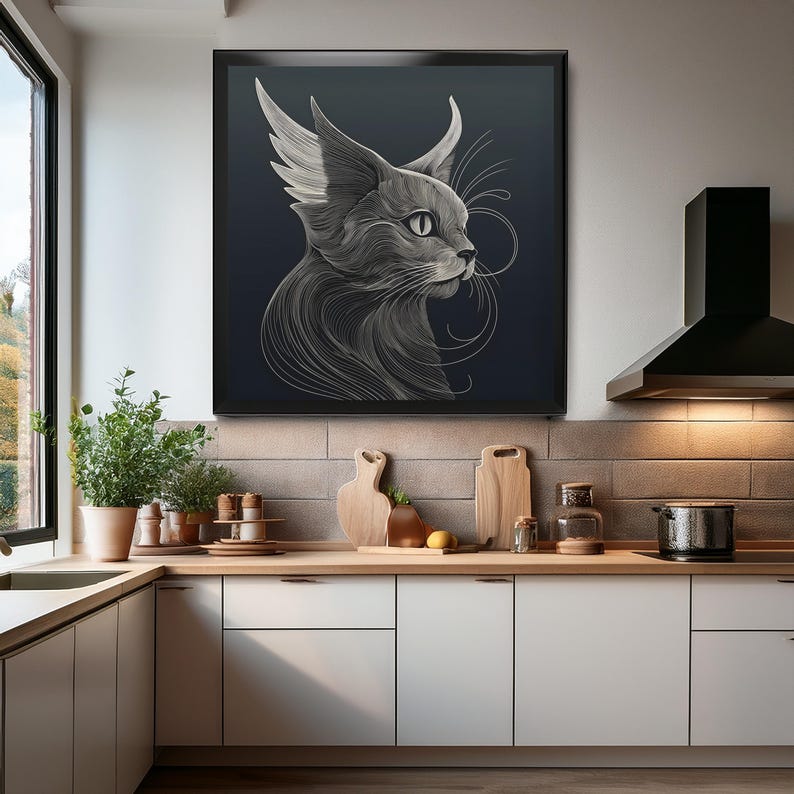 Another kitchen view with a large frame copy of the cat etching.