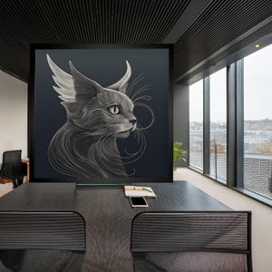 May include: A large, framed artwork featuring a stylized, grayscale illustration of a cat's profile. The cat has large, pointed ears and intricate line work detailing its fur and whiskers. The artwork is displayed in a modern office setting.