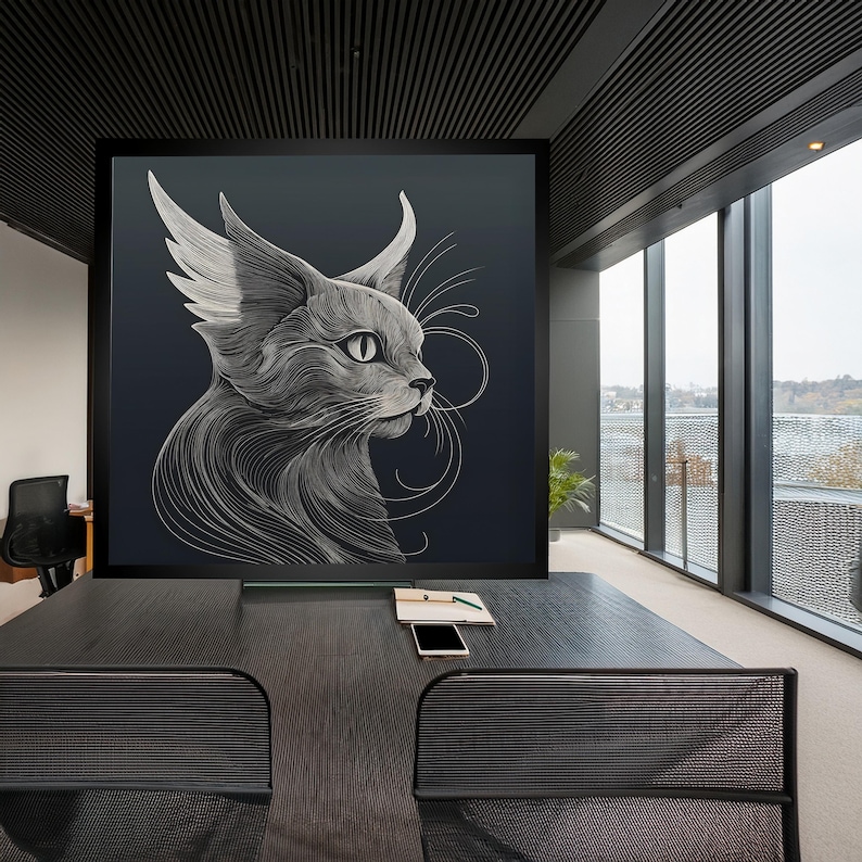 May include: A large, framed artwork featuring a stylized, grayscale illustration of a cat's profile. The cat has large, pointed ears and intricate line work detailing its fur and whiskers. The artwork is displayed in a modern office setting.