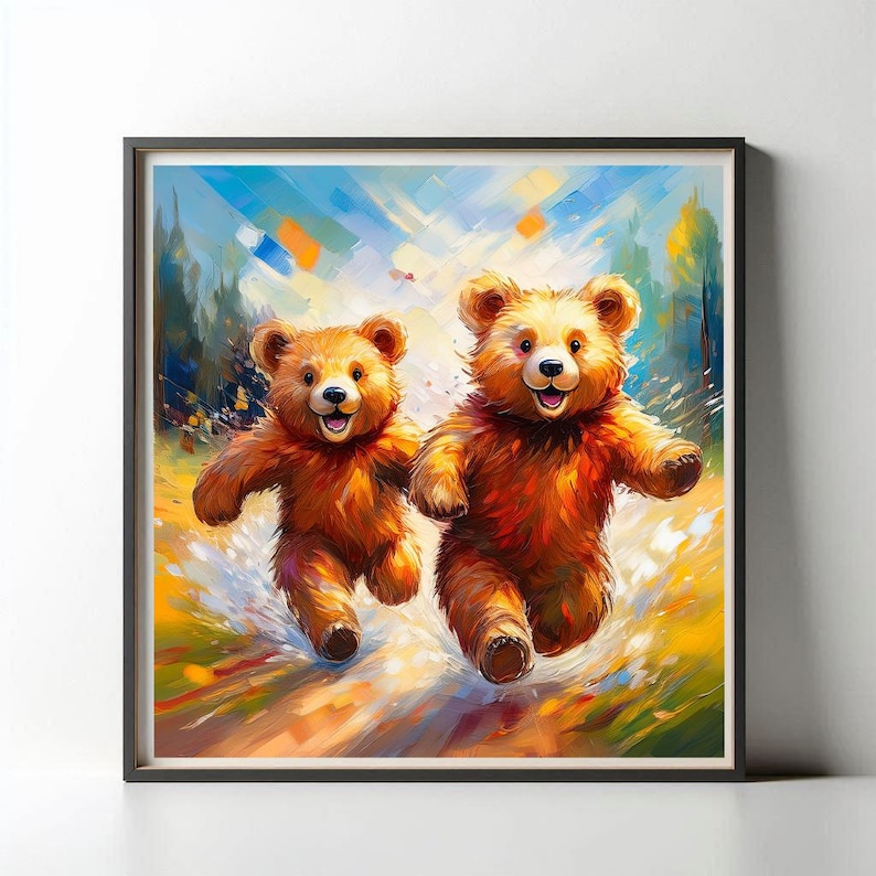 Teddy Bears Running Print, Playful Bear Nursery Art Decor