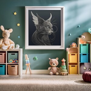 A childs nursery with colored boxes and soft toys. An etching print of Elegant Minimalist, Surreal Abstract Cat Art is on the wall amongst starts in bright colors.