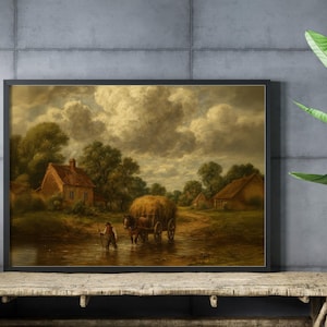Stary obraz olejny Farmer i wóz konny. XIX wiek, życie na wsi, tradycyjna sztuka ścienna. Wydrukowalna sztuka do domu lub sklepu z wydrukami.
