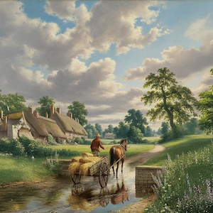19e-eeuws plattelandsleven, de terugkeer van een boer met paard en hooiwagen langs een beekje. Vintage stijlafbeeldingen. Zelfafdrukkende kunst voor thuis. Traditionele kunst