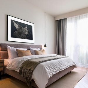 Amodern bedroom with a large copy of Elegant Minimalist, Surreal Abstract Cat Art print above the bed head.