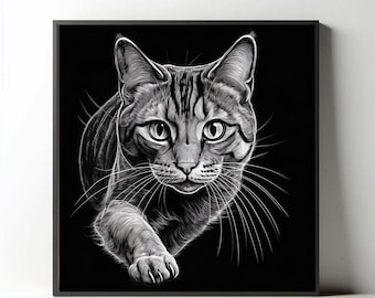 Monochrome Cat Drawing: Elegant Feline Graphic Illustration (Digital Download)