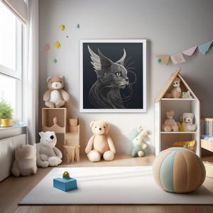 A childrens nursey with toys including stuffed toys with a white picture fram with a copy of Elegant Minimalist, Surreal Abstract Cat Art in it.