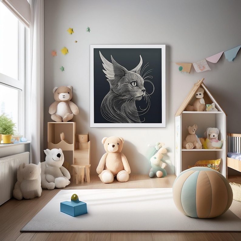A childrens nursey with toys including stuffed toys with a white picture fram with a copy of Elegant Minimalist, Surreal Abstract Cat Art in it.