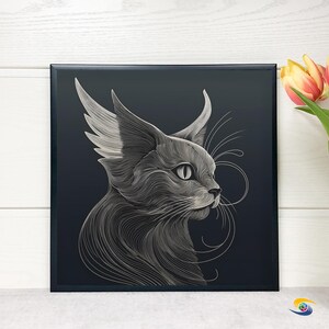 Elegant Minimalist, Surreal Abstract Cat Art in a blackframe with brightly colored flowers to the right